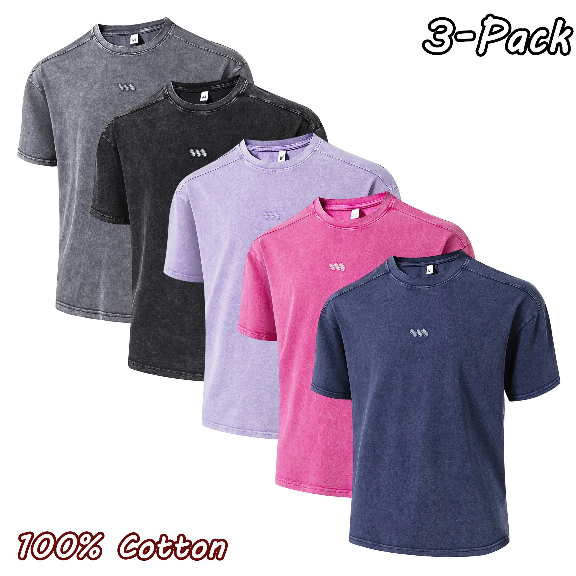 Men’s 3-pack 100% cotton vintage distressed T-shirts, unisex couple short sleeves, base layer for all seasons—suitable for outdoor sports, everyday wear, streetwear, and commuting.