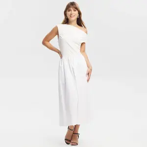 Women's Fabric Mixed Midi A-Line Dress - A New Day White S