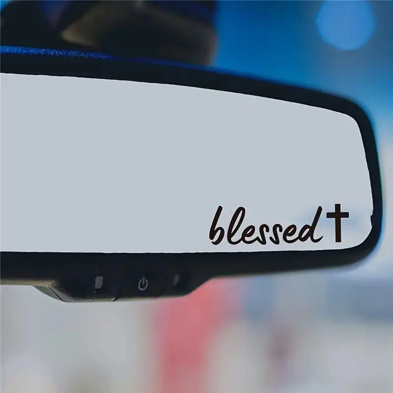 Blessed Letter & Cross Pattern Car Rearview Mirror Sticker, Waterproof & Sun-proof Car Rearview Mirror Decal, Car Accessories for Women Men