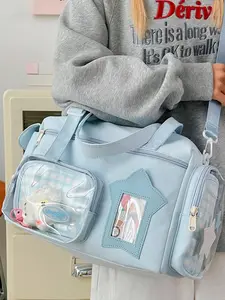 New Women's Cute Fashion Waterproof Durable Nylon Large Capacity Spacious Capacity Commuter Travel Bag, Versatile Travel Accessory, Transparent Side Pocket, Lightweight Handbag Shoulder Bag