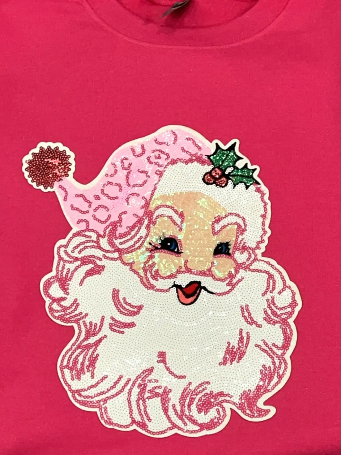 Woman's Fushia Sequin Santa Clause Patch Unisex Gildan Sweatshirt Tops Pullover Comfort Womenswear Christmas Sweatshirt Casual Chic Long Sleeves Sweetheart Neck Cotton Winter Hoodie