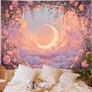 Leeisysme Pastel Rose and Moon Tapestry, Romantic Floral Dreamy Cloudscape Aesthetic Wall Art Bedroom Living Room Decor for Girl Women, Pink 60x80 inches