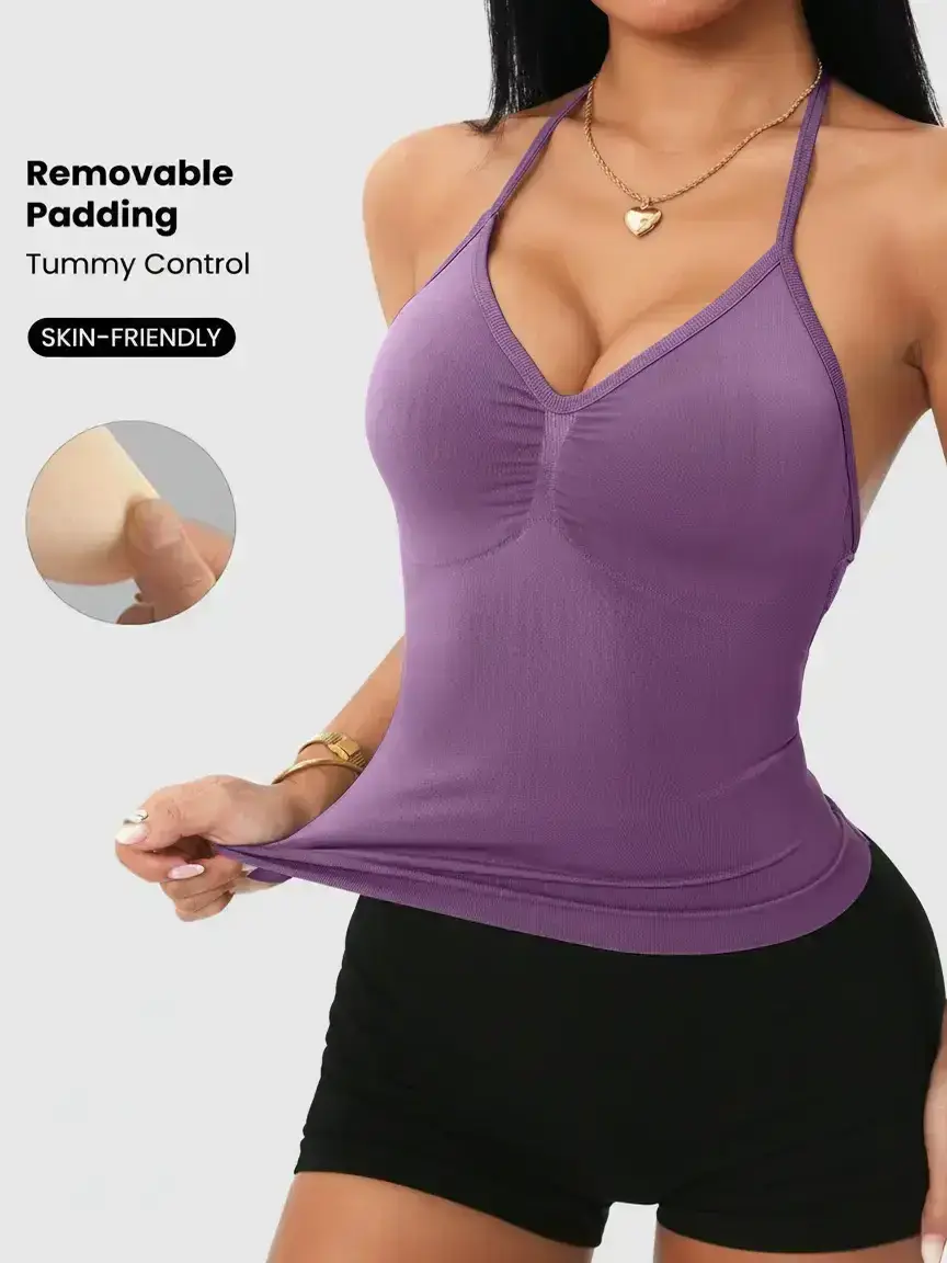 Women's Plain Halter Neck Sports Tank Top, Sporty Cami Top, Athletic Tank Top, Fitness Running Tops, Detachable Pads, Ideal for Fitness Running Yoga, Casual Sportswear for All Seasons, Tight Fitted Design Activewear, Gymswear, Workout Clothing
