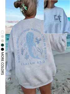 Women's Whale Animal Print Dropped Shoulder Sweatshirt, Casual Everyday Long Sleeve Pullover for Fall and Winter, Cozy Beach Vacation Top