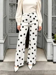 Muslim Style Fashion Polka Dot Long Pants, Women's Elastic Mid Waist Wide Leg Pants, Loose Palazzo Pants, Wide Legged Pants, Casual Daily Wear, Party