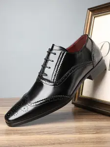 Men's Lace-Up Fashionable Pointed Toe Low Top PU Leather Brogue Casual Oxford Shoes, Comfortable Business Casual Rubber Sole, Carved Block Design