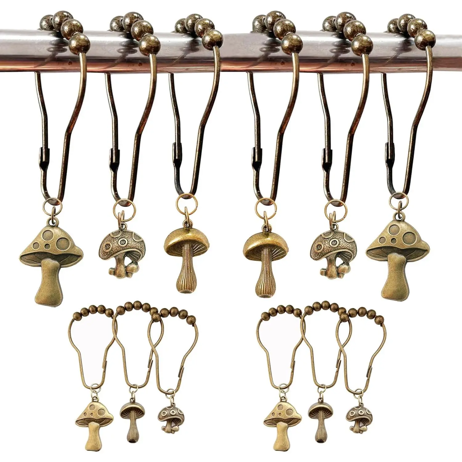 P-BS028 Stainless Steel Adjustable Mushroom Shower Curtain Hooks - 12Pcs Silent, Rustproof Metal Build Rings for Modern Boho Cottagecore Bathroom Decor, Sliding Smoothly, Bronze Set with Rod Diameter Fit