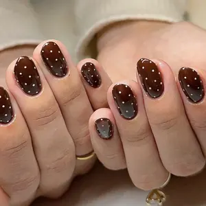 Brown-Toned Autumn/Winter Press-On Nails, Artificial Nails With White Polka Dots, A Best-Selling Cross-Border Product, Short Round False Nails/Nail Tips