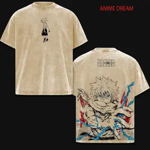Killua Zoldyck Hunter × Hunter Anime Double Printed Vintage Washed Tee Unisex Oversize Anime Manga Washed Heavyweight Cotton T-shirt