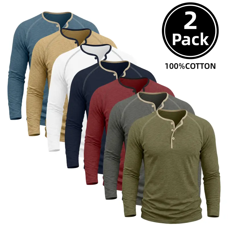 2-Pack Men’s Henley T Shirt, Men’s Casual Henley Shirt, 100% Cotton Long Sleeve 3-Button Raglan Top for Daily Wear