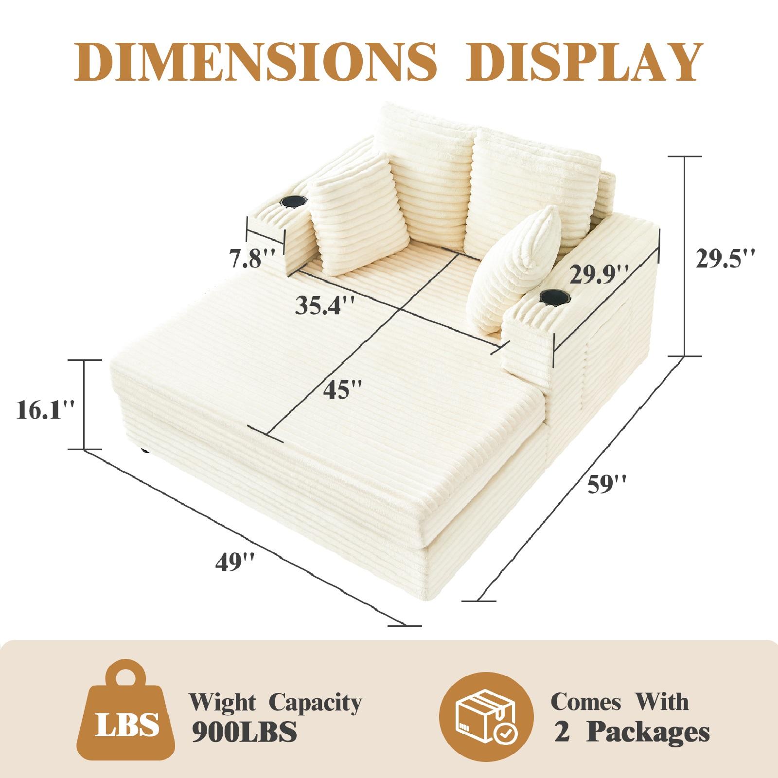 Oversized Chaise Lounge Chair Indoor, 49" Upholstered Sofa Bed with Frame, Plush Faux Fur Sleeper Couch with Throw Pillows, Armrests&Cup Holders, Deep Seat Reading Chair for Living Room, Bedroom,Beige