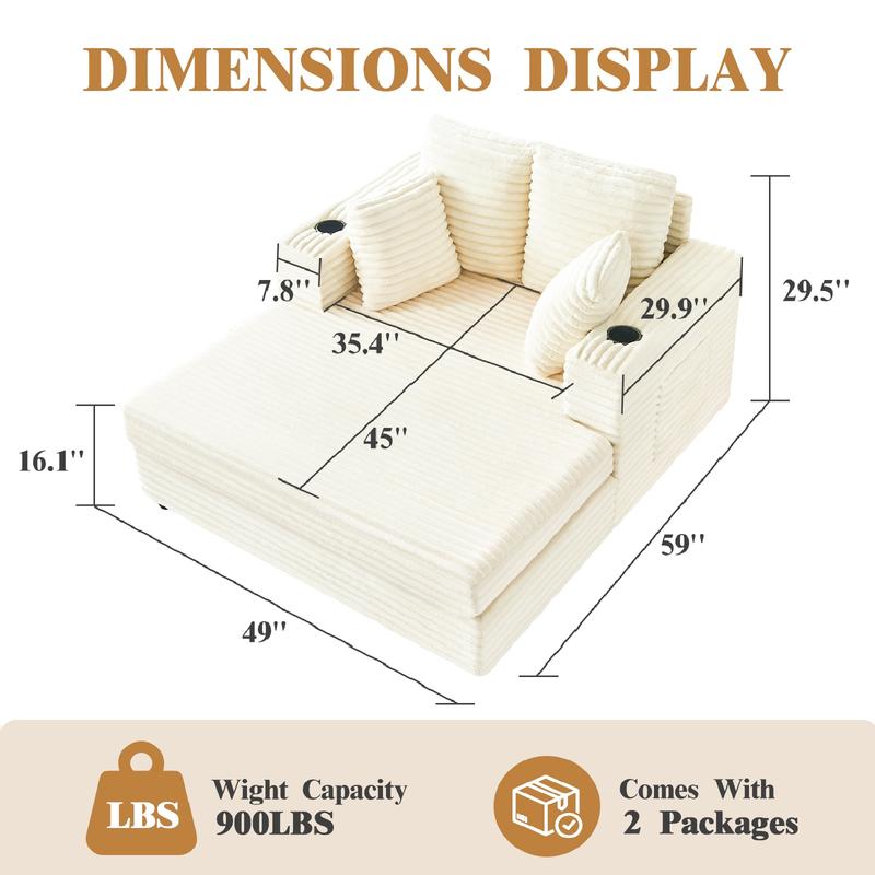 Oversized Chaise Lounge Chair Indoor, 49" Upholstered Sofa Bed with Frame, Plush Faux Fur Sleeper Couch with Throw Pillows, Armrests&Cup Holders, Deep Seat Reading Chair for Living Room, Bedroom,Beige