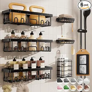 Shower Caddy 6-Pack, Advanced Rustproof Design, No Drilling Adhesive Shelves, Rack with Soap Holder, Large Capacity Bathroom Organizers and Storage, Wall-Mounted Kitchen & Home Decor