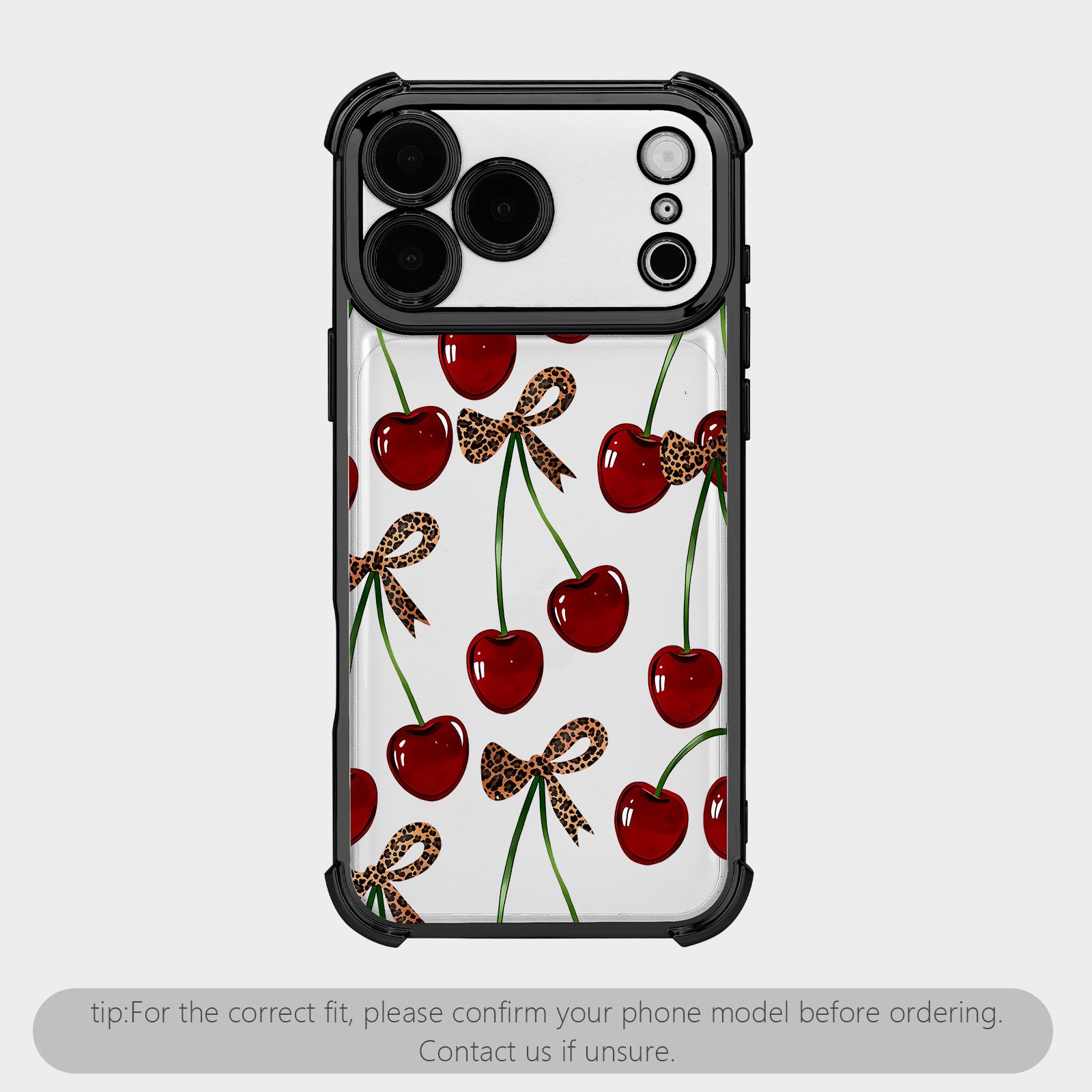 Cherry leopard print bow pattern four-corner shockproof transparent electroplated protective phone casefor iPhone Samsung Galaxy 17 Air 16Pro Max 15 14Plus 13 12 11XR XS S25 S24 S23,Simple and stylish camera Protection DurablePhone Case.HY65