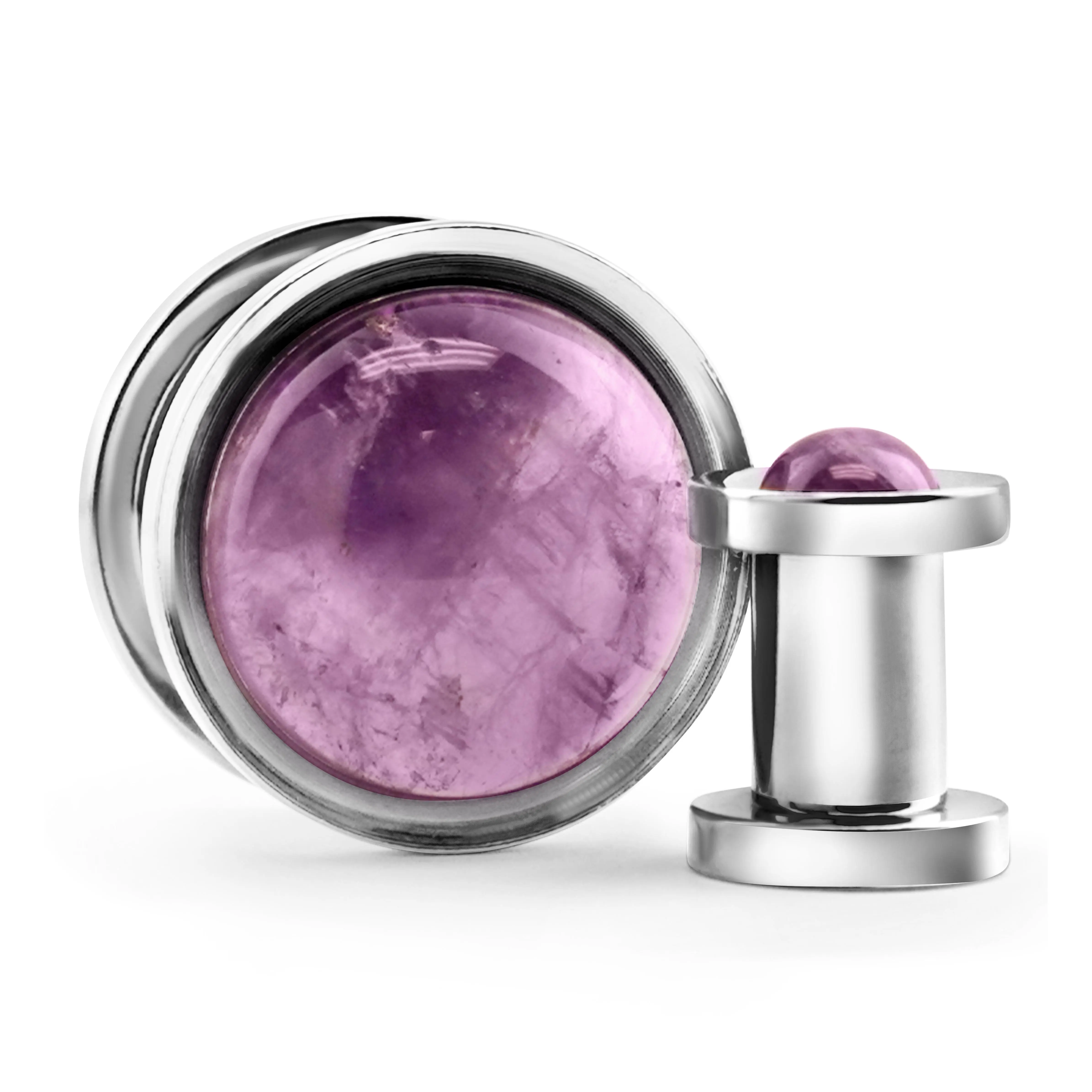 Cabochon Amethyst Stainless Steel Screw Back Tunnel Plugs