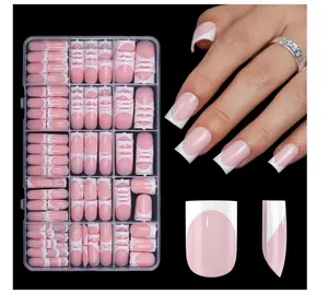 300Pcs Sharp Square French Tip Press On Nails-Anyos Gel Nail Tips Short,No File Need Tips Pre-Designed,Fake Nails for Nail Art DIY 15Sizes(Pink)