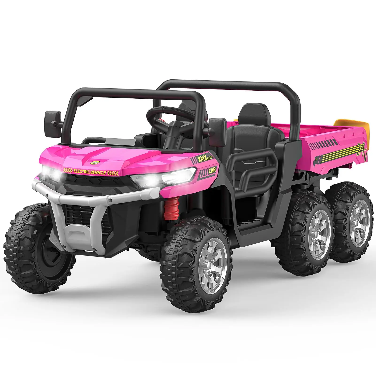 GARVEE 24V 4WD Battery-Powered 2-Seater UTV-Style Ride-On Dump Truck - 6-Wheel Design, Tipping Bucket Trunk, Remote Control Mode, Driving Mode, High/Low Speed Function, Safe Plastic, Music Horn (Pink, White) for 3-4 Years Old Kids, Birthday Gift