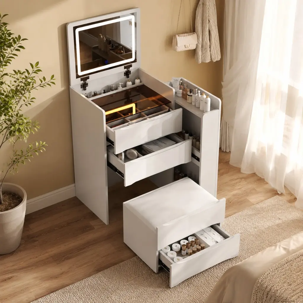 3-in-1 Flip-Top Makeup Vanity Desk with LED Mirror, Adjustable Lights, Multi-Drawer Storage, Side Cabinet & Hidden Storage Stool, Space-Saving Dressing Table for Small Bedrooms
