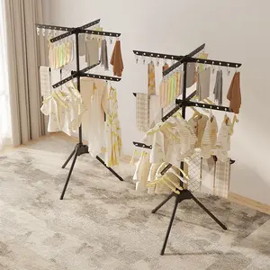 Multifunctional Floor Standing Clothes Rack, Foldable Drying Rack, Bedroom Balcony Laundry Storage Hanger, Powder Coated Steel Pipe, Durable, Clothes Hanging Rack