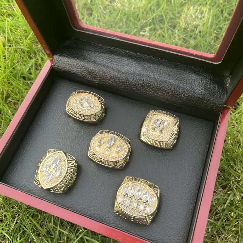 Men's Gold-Plated Football Championship Rings Set - Size 11 Rhinestone Flash Alloy Beautiful Jewelry, Wooden Display Box Included, Sports Graphic Casual Accessory for Fans