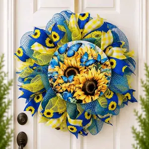 Sunflower Wreath with Blue Decor, Summer Front Door Wreath, Butterfly Sunflower Wreath, Farmhouse Floral Wreath, Spring Summer Decor