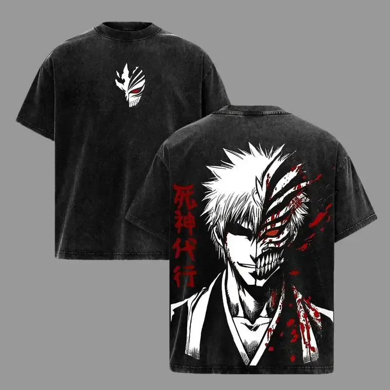 Bleach Ichigo Hollow Mask Graphic T-Shirt | Vintage Washed Heavy Cotton Anime Tee | Oversized Streetwear for Men & Women 90s Graphic American Casual Short Sleeve Tee | Premium Soft Cotton Classic Unisex T-Shirt for Daily, Gym & Streetwear