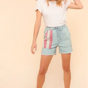 Denim Shorts with Pink and White Stripes, Drawstring Waist, and Frayed Hem, Casual Style for Women