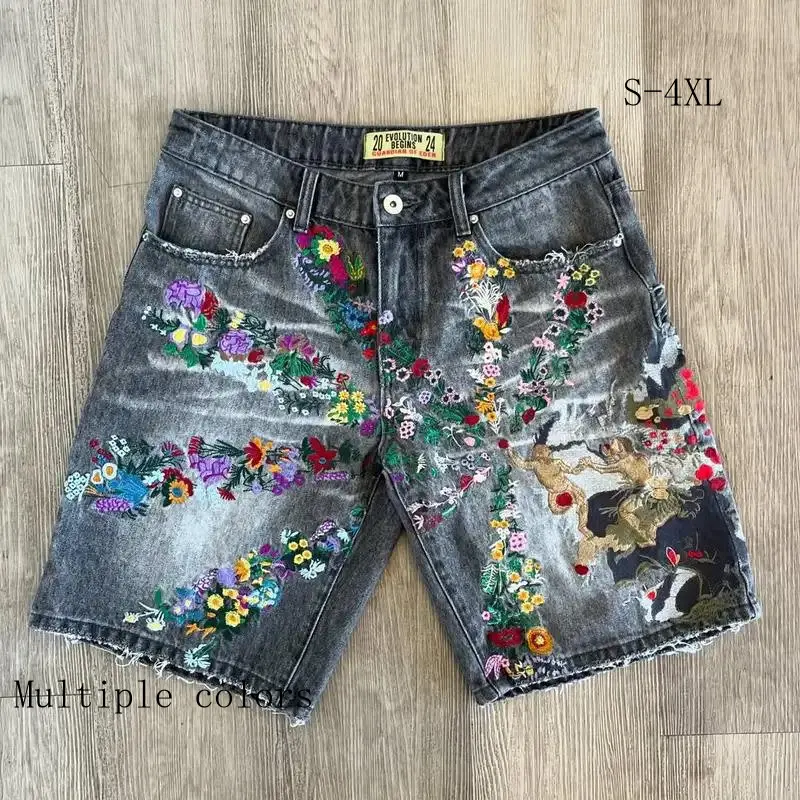 American Fashion Embroidered Denim Shorts Harajuku Hip-Hop High Street Denim Shorts Trendy Street Y2K Denim Shorts Men Clothing
