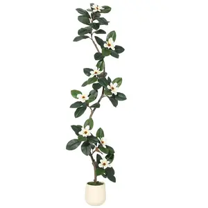 【GARVEE】7FT Artificial Fiddle Leaf Fig Tree With Magnolia Flowers, Faux Plants With White Planter Pot, Faux Floor Plant, Indoor and Outdoor Rubber Tree for Home Office Decor