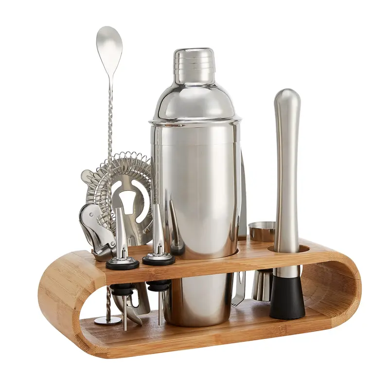 24-oz Stainless Steel Cocktail Shaker Bar Tool Set (10-Piece) with Bamboo Stand, Jigger, Spring Strainer, Cocktail Muddler, Ice Tongs, Double-Lever Corkscrew, Spoon, 2 Pourers for Home Parties, Housewarming Gifts (Ideal for Mixing Drinks)