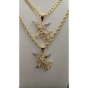 San Miguel 21 or 23 Inch Tricolor Gold Plated Necklace Saint Michael Archangel Pendant on a 4.5mm Curb Link or 4mm Rope Link Chain Daily Wear Jewelry