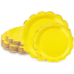 50 count Yellow Paper Plates, 25 count 9" and 25 count 7" Disposable Yellow Scalloped Plates with  Foil for Graduation Wedding  Shower Birthday Party Picnic BBQ