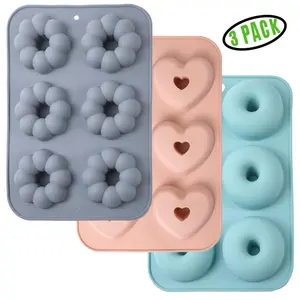 3 Pieces 6 Cavity Silicone Donut Baking Set, Silicone Donut Pan, Round Heart Pumpkin Shape Cake Molds Doughnut Pan for Baking