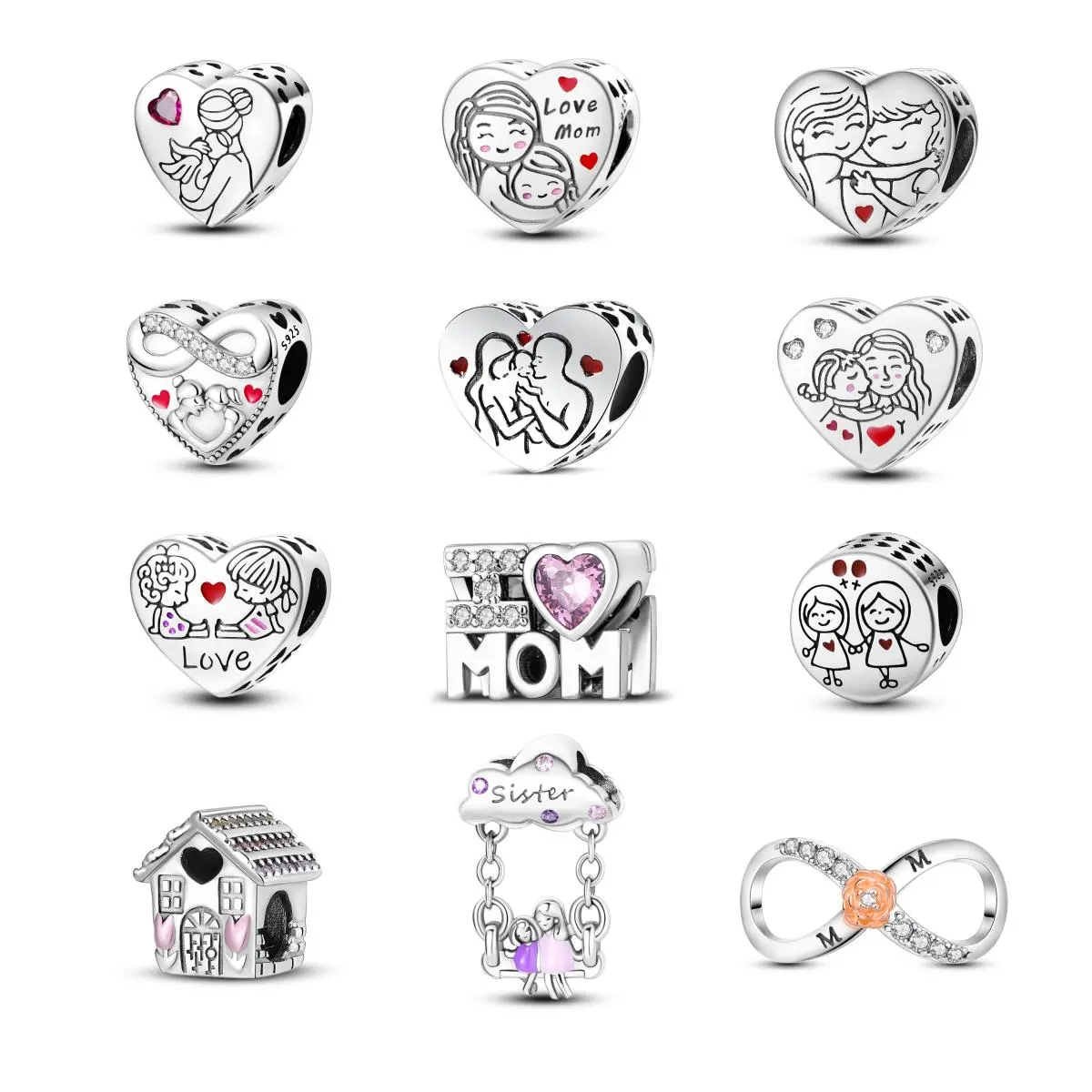 MULA 925 Sterling Silver and Silver Plated Family and Friendship Beads | Heart and Infinity Symbol with Zirconia | Fits Pandora Bracelets and Necklaces | Sentimental Jewelry Gift for Women and Girls