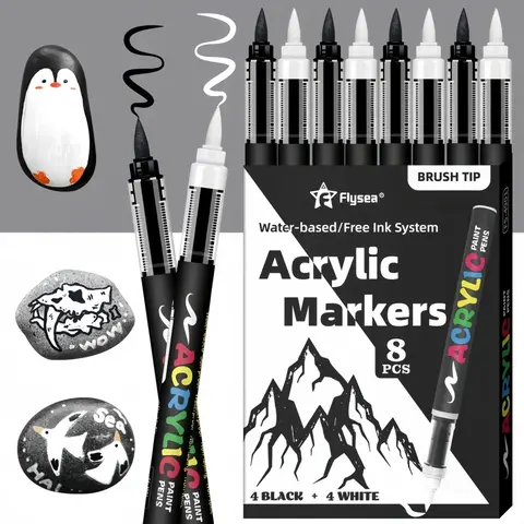 Acrylic Paint Pens, Automatic Ink Control System,Soft Brush Tip Markers,Black and White Paint Marker,for Canvas, Rock, Wood, Stone, Glass, Ceramic, Fabric Painting, DIY Crafts, Art Supplies, Art Drawing Supplies, Acrylic Markers Set