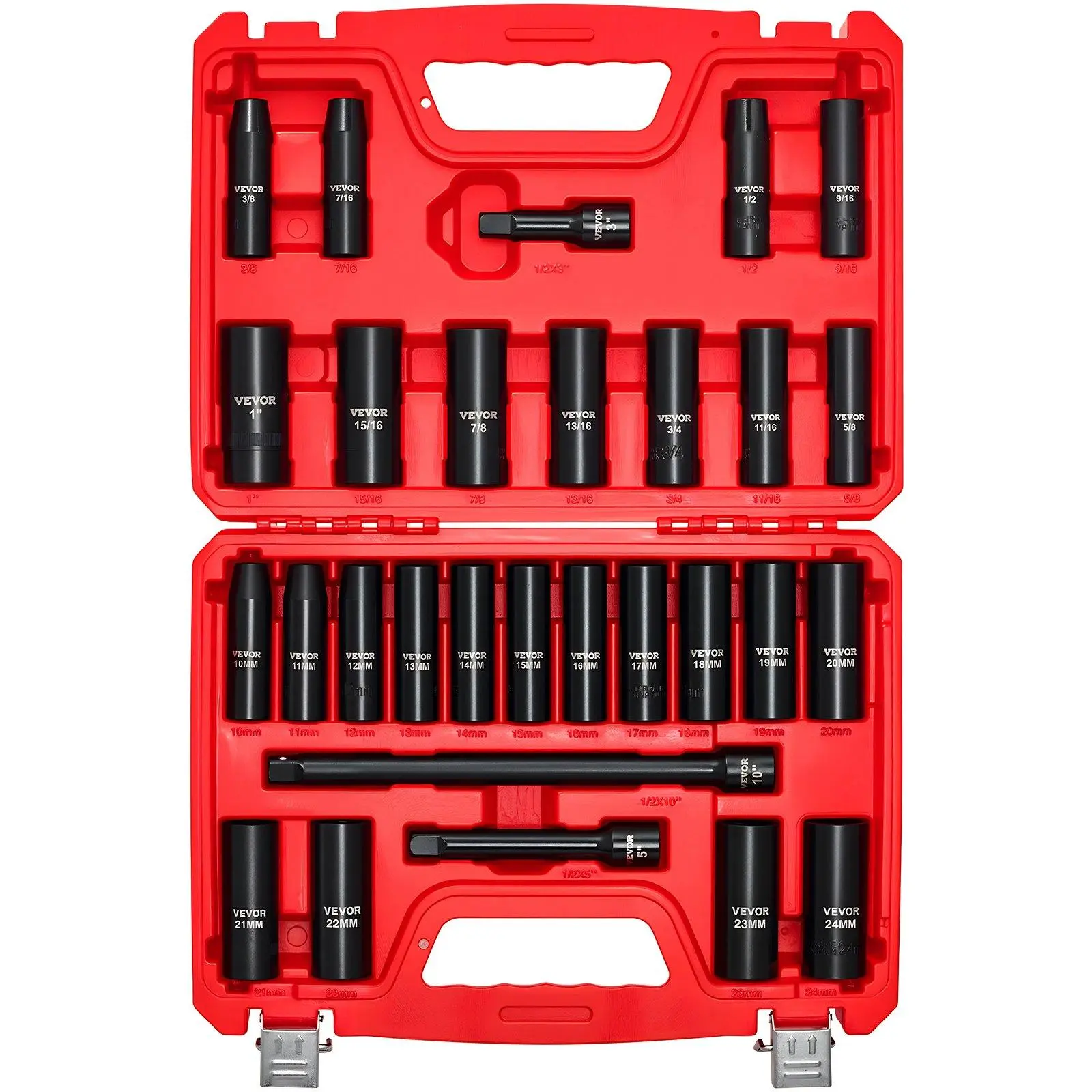 VEVOR 1/2 in Drive Impact Socket Set29 Piece6 Point Deep Impact SocketsSAE (3/8 to 1 inch) and Metric (10 to 24 mm) Sizes with Extension Bars (3510 in)Cr-V SteelHeavy Duty Carrying Case, Fathersday, 29 Pcs, 1/2 In Drive Impact Socket Se, Heavy Du