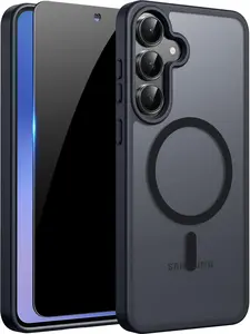 Magnetic for Samsung Galaxy S25 FE Case Matte, with Privacy Tempered Screen Protector,  S25 FE Phone Case Compatible with MagSafe Frosted Translucent Shockproof Anti-Scratch Slim Fit Case Military Grade Protection (Black)