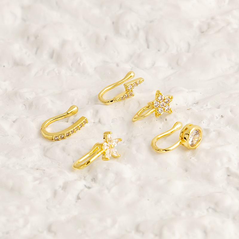 Nose accessory with non perforated U-shaped nose clip and micro inlaid zircon heart lightning crown nose nail made of copper material, easy to wear