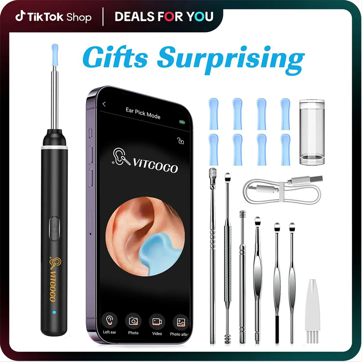 VITCOCO Electronic Ear Cleaner Otoscope, 1920P HD Camera Ear Cleaning Tool with 6 LED Lights, 8-Piece Waterproof Silicone Set for iPhone & iPad, Mother's Day Gift (Earwax Removal Products), Earwax Remover Tool