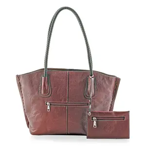 La Marey Black Genuine Leather Tote Bag with Small Pouch