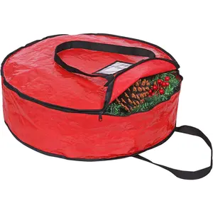 Christmas Wreath Storage Bag 24" - Garland Holiday Container with Tear Resistant Material - Featuring Heavy Duty Handles and Transparent Card Slot - 24” X 8” (Red)