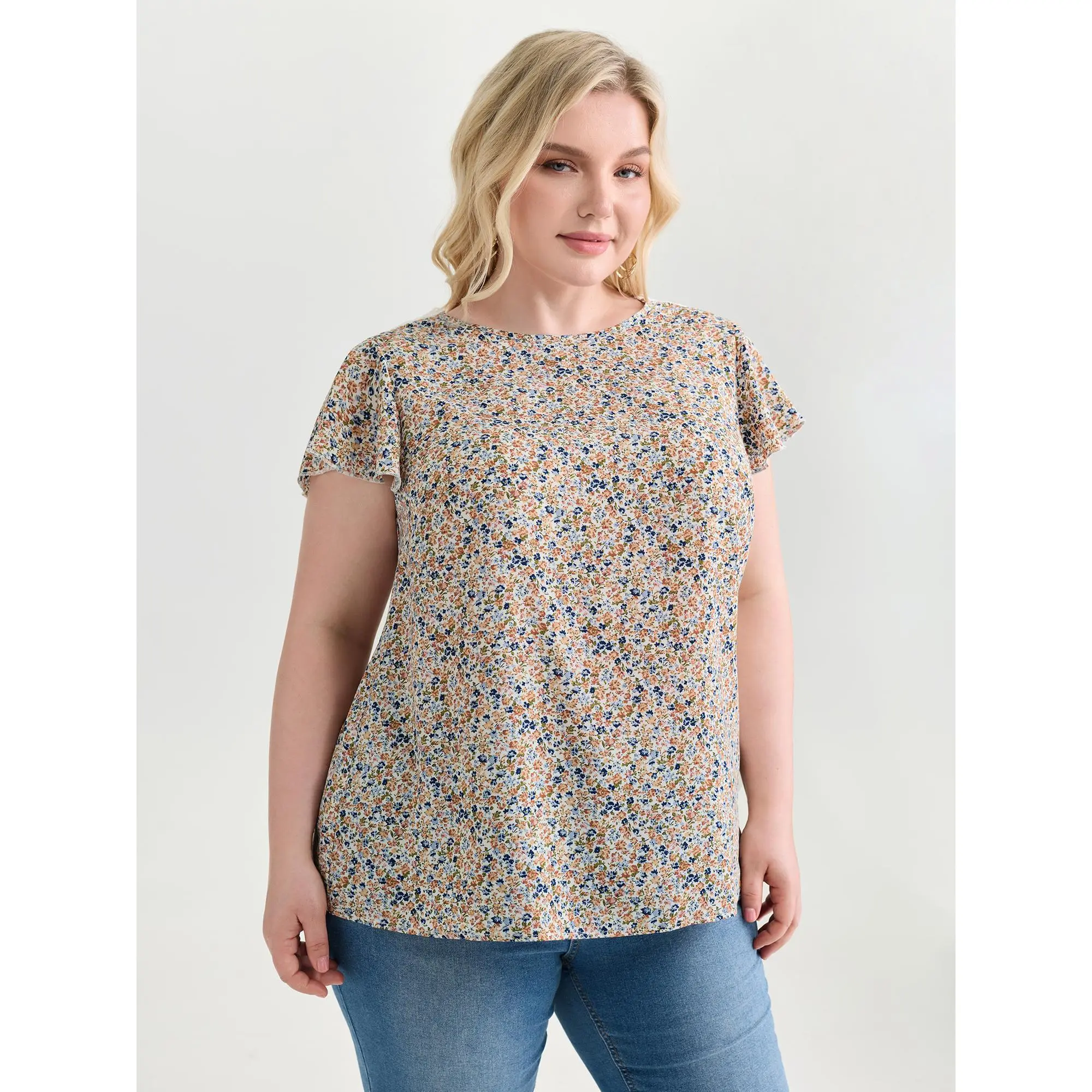 BloomChic Women's Plus Size Polyester Short-Sleeve Flutter-Sleeve Ditsy Floral Print Open Back Tie Blouse - Smooth Fabric, Flattering Fit for Chic Curves, M-6X 2026 Summer Going Out Shirt, Plus Size Tops, Cute OOTD Garment, Shirts