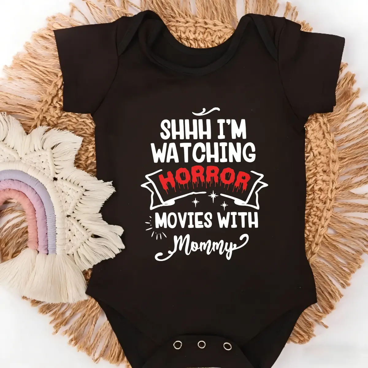 Baby Bodysuit Shhh I'm Watching Horror Movies With Mommy Print 100% Pure Cotton Non-Irritating Snap Closure Breathable Perfect For Gifting & Everyday