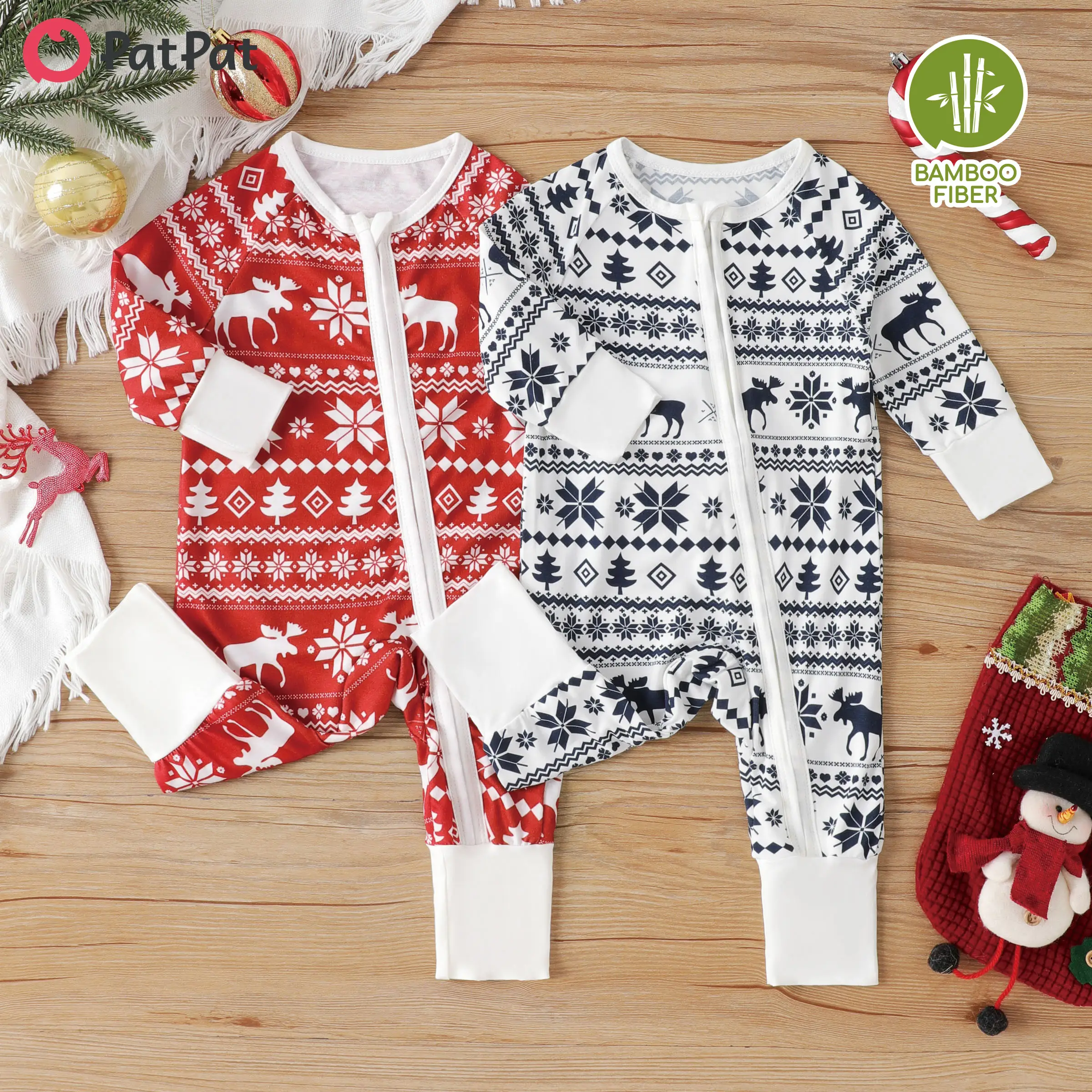 PatPat Baby Boy/Girl Bamboo Fiber Christmas Soft & Stretchy Festive Fair Isle Prints Zip-Up Long-Sleeve Jumpsuit,Cute Jumpsuit,Cozy Jumpsuit
