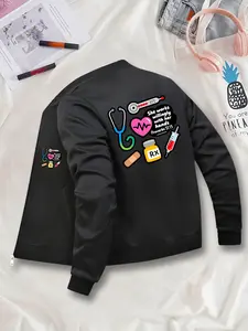 Women's Casual Everyday Graphic Jacket, Fitted Polyester Zipper Pocket Design, All Season Wearable Outerwear, Sizes S to Xxl