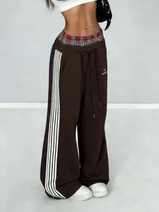 Women's Baddie Style Plaid Waistband Wide Leg Sweatpants, Striped High Waist Loose Fit Athletic Track Pants, Casual Streetwear Joggers for Pear Body Shape, OOTD & Festival Outfits, Comfy Breathable Loungewear for Daily Bottom