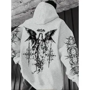 Gothic Angel Thorn Print Hoodie, Soft Comfortable Home Casual Wear, Dark Street Style, Perfect for Relaxing at Home and Urban Outings