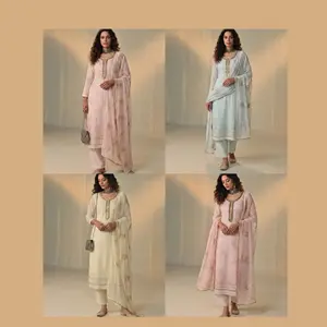 Pastel Embroidered Salwar Kameez Set 3PC Georgette Soft Breathable Womenswear Elegant