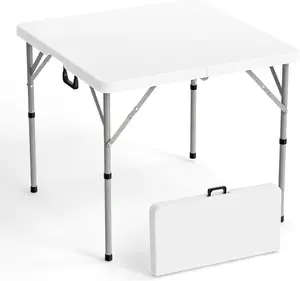 VINGLI 34" Fold in Half Square Table, Bi-Folding Commercial Table, Portable Plastic Dining Card Table for Kitchen or Outdoor Party Wedding Event, White