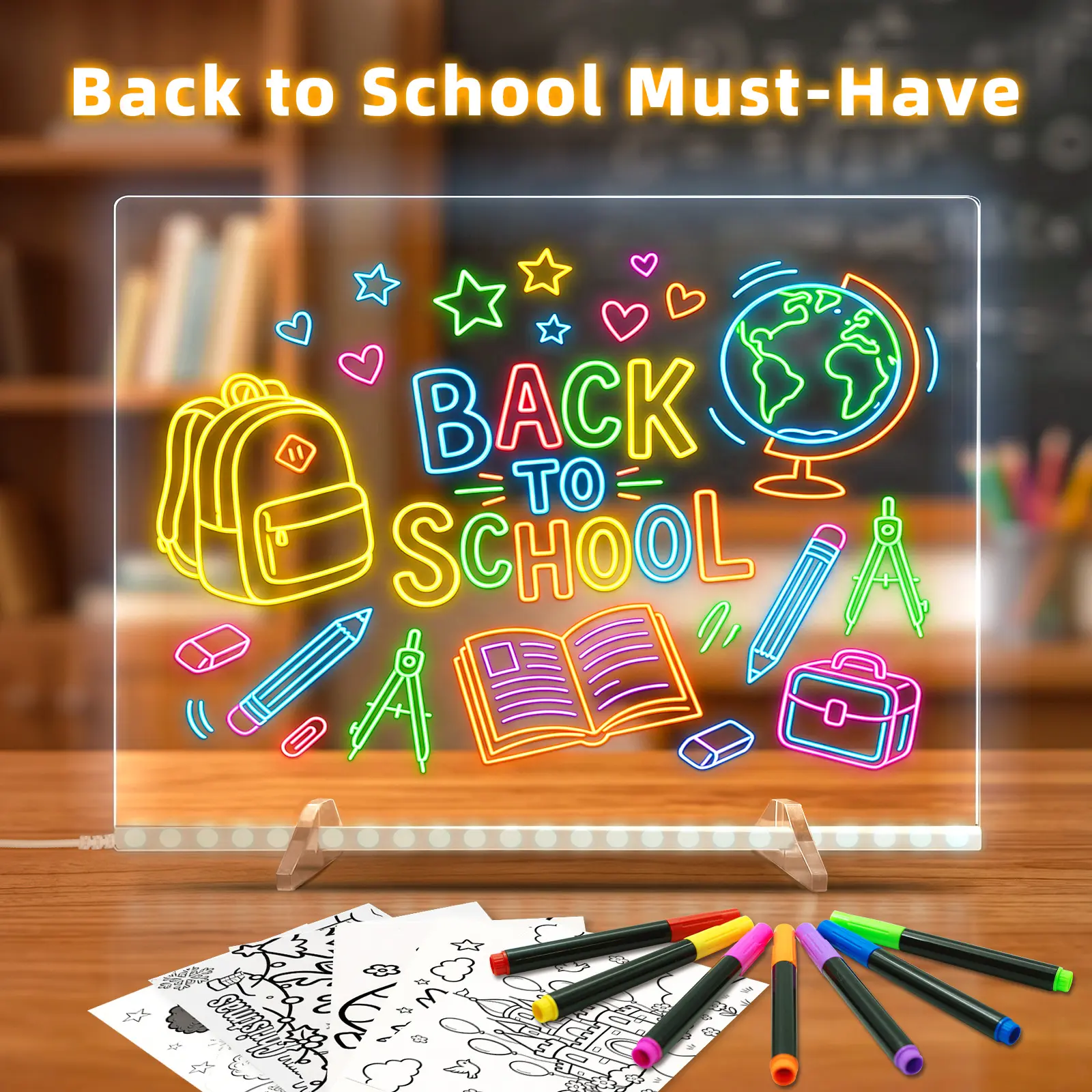 Lumiboard 16" LED Glow Drawing Board 13 Light Effects - Clear Acrylic Dry Erase Board with 7 Markers and Hanging Chain Kit